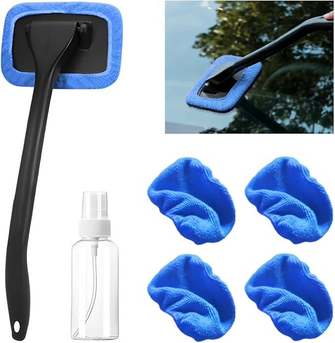Car Windshield Cleaning Tool, Microfiber Vehicle Window Cleaner with 5 Washable Reusable Cloth Pad & 1 Spray Bottle, Automotive Glass Wiper Cleaning Kit Accessories, Universal Fit (Blue)