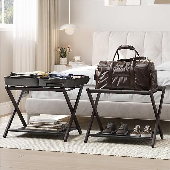 Smart FENDEE 2 Pack Luggage Rack, Folding Luggage Rack for Guest Room, Brown Bamboo Suitcase Stand Holds up to 131 lb, L