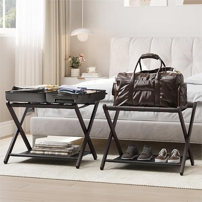 Smart FENDEE 2 Pack Luggage Rack, Folding Luggage Rack for Guest Room, Brown Bamboo Suitcase Stand Holds up to 131 lb, L