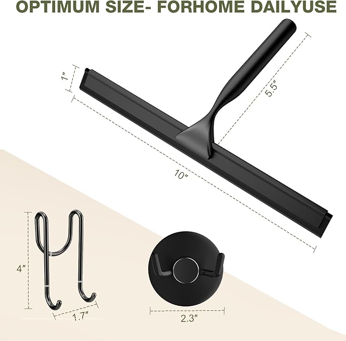 FARMER Shower Squeegee for Glass Doors, 10-Inch Glass Squeegee for Windows, Car Glass and Mirrors, Multi-Purpose Stainless Steel Squeegee with Suction Wall Hook and Over Door Hook, Black