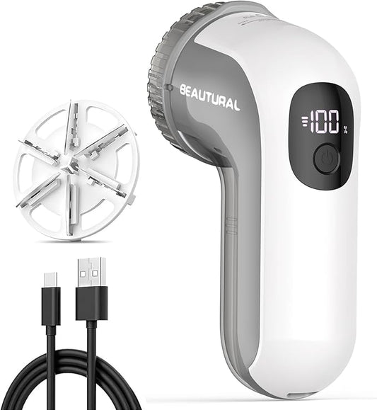 BEAUTURAL Fabric Shaver, Rechargeable Lint Remover, Electric Portable Sweater Defuzzer with 3 Speeds, 6 Leaf Blades, Digital LED Display, Remove Pilling for Clothes, Furniture, Sweater, Couch, Blanket