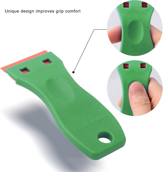 FOSHIO 2PCS Green Plastic Razor Sticker Remover Paint Scrapers with Contoured Grip + 100 PCS 1.5 inch Refillable Double Edge Plastic Razor Blades for Cleaning Adhesive Vinyl Decals Stickers Labels