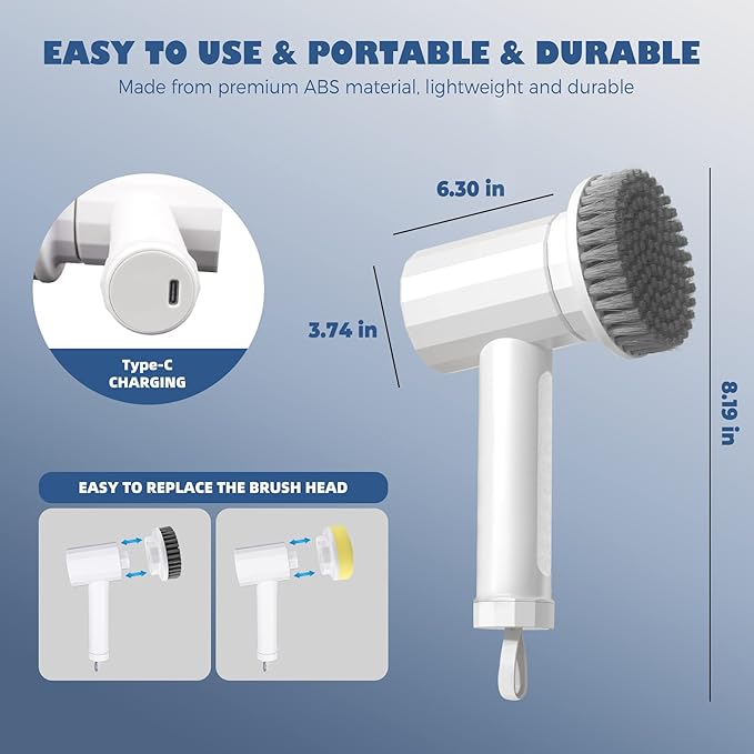 Electric Spin Scrubber Cordless Power Cleaning Brush with 4 Replaceable Brush Heads 2 Adjustable Speeds for Bathroom Kitchen Dishes Tub Sink Tile Window Floor Grout, White