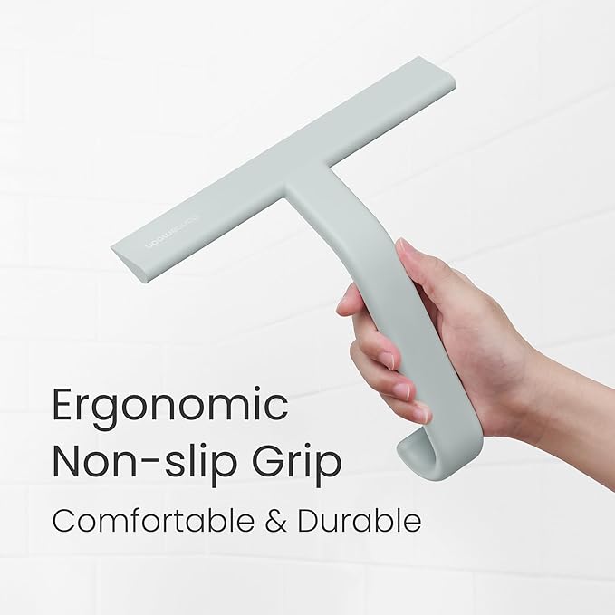 dancemoon JustHang Shower Squeegee for Glass Doors, All-One-Piece Award-Winning Silicone Squeegee with Built-in Hook for Bathroom, Window, Mirror, Tile Wall,Car, Streak-Free Cleaner,10-Inch Sage Green