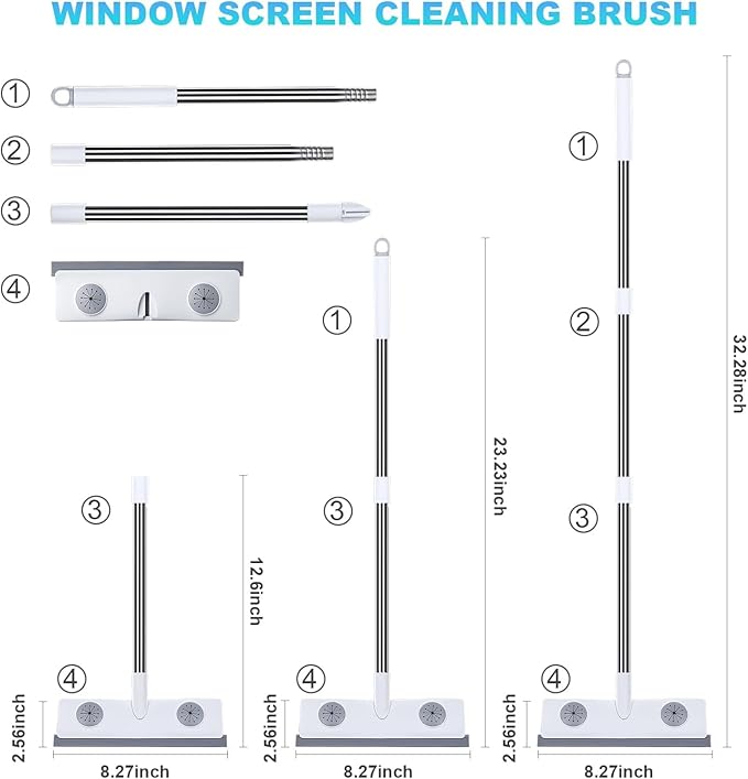 IMHO Mesh Screen Cleaner, Glass Wiper, Dust Paper Clip，3 in 1 Wet and Dry Screen Cleaner with Long Handle Wiper for Shower, Glass, Floor, Tile Walls, Car Windshield, White