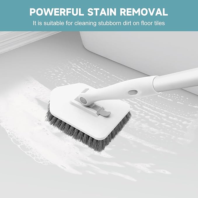 nacena Shower Scrubber with Long Handle, 3 in 1 Tile Tub Scrubber Brush with 3 Detachable Cleaning Heads Adjustable Handle Shower Cleaner Brush for Bathroom, Kitchen, Toilet, Wall, Sink, Grey White