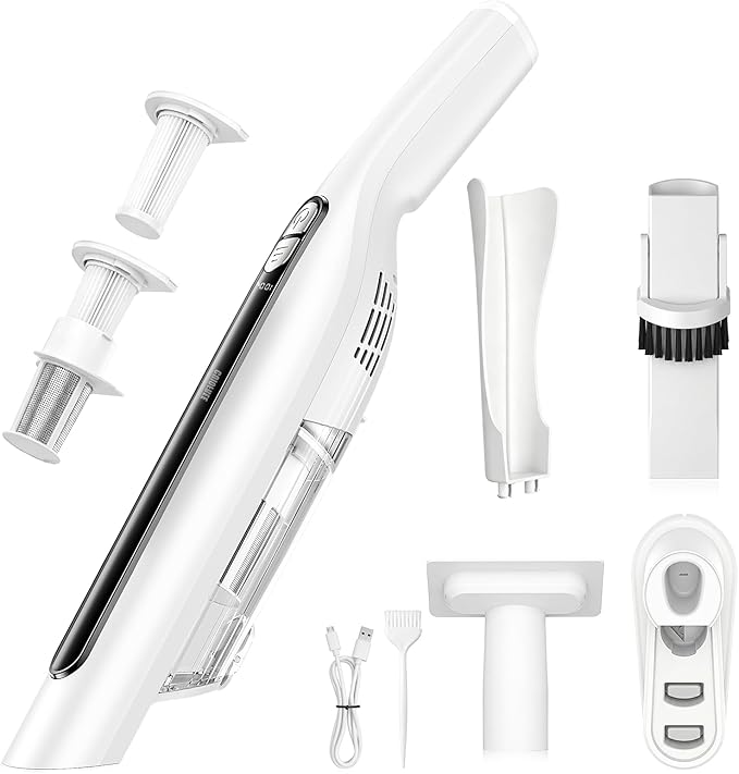 Handheld Vacuum Cordless,24KPA High Power Car Vacuum with Brushless Motor,LED Light,Charging Dock,Rechargeable Hand Held Vacuum Cleaner with Reusable Filter for Car,Home,Office,Pet Pair,White