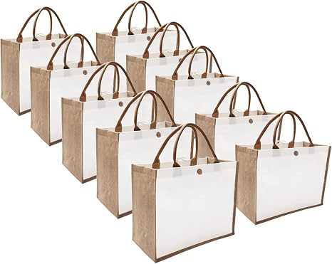 kaxilu Jute Beach Tote Bags 16.5 * 7 * 13 Set of 10 Burlap Tote Bags with Button Travel with Handle Grocery Bag Bridesma