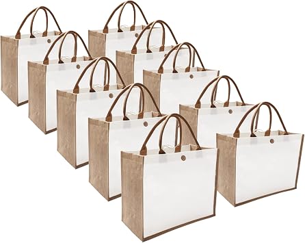kaxilu Jute Beach Tote Bags 16.5 * 7 * 13 Set of 10 Burlap Tote Bags with Button Travel with Handle Grocery Bag Bridesma