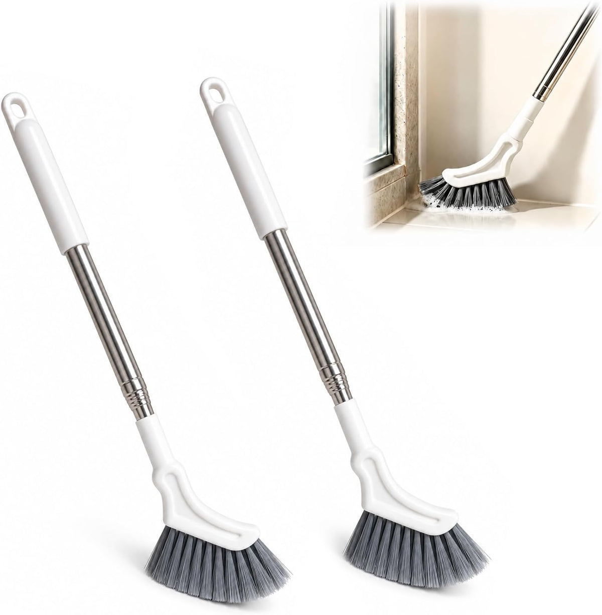 Telescopic Cleaning Brush, Multifunctional Extendable Long Handle Floor Scrub Brush, Curved Toilet Brush Head, Detachable Bathroom Cleaning Brush, 15.16"-45.28" Stainless Steel Handle(2PCS