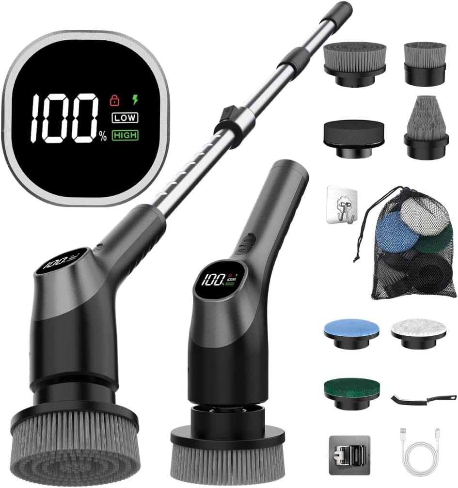 Electric Spin Scrubber - 10-in-1 Cordless Shower Scrubber & Cleaning Brush with Extendable Handle, 42 in-lbs Ultra High Torque, 2 Speeds, IPX7, LED Display, Smart AI Chip, for Bathroom, Kitchen