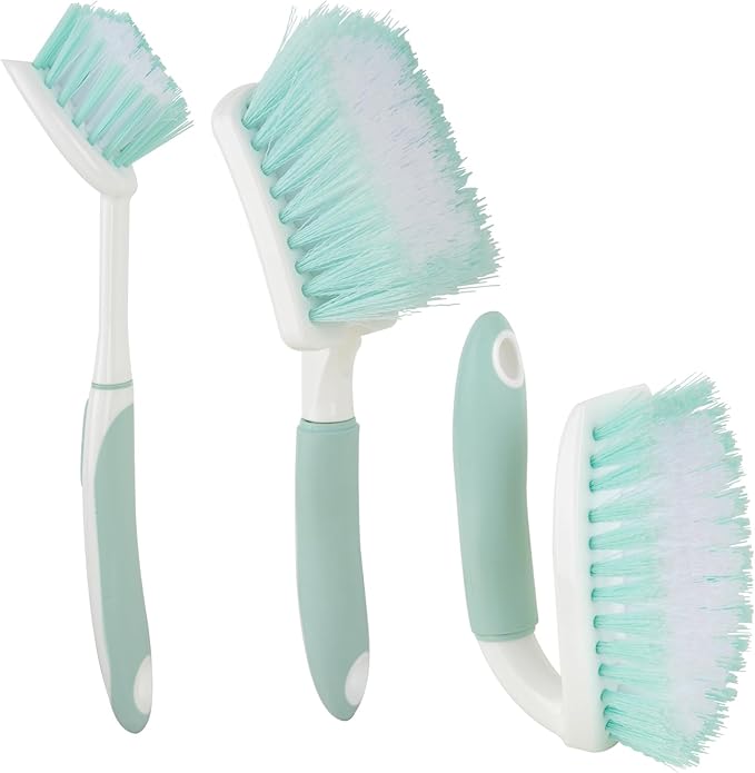3 Pack Bathroom Scrub Brush Set, Heavy-Duty Scrub Brushes for Cleaning Floor, Green Scrubbing Brush with Non-Slip Handle and Stiff Bristles for Bathtub, Tub, Tile, Gap, Kitchen, Sink