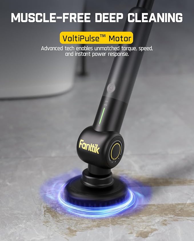 Fanttik Flip G9 Pro Electric Scrubber, VoltiPulse Motor, Dual-Speed Cleaner with 6 Brush Heads, Adjustable Angle & Extendable Handle, IPX7 Waterproof, Type-C Charge for Bathroom, Tile, Grout - Black