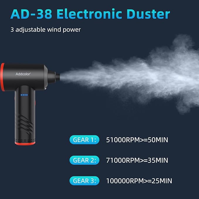 Compressed Air Duster 6000mAh Battery - Electric Air Duster Addcolor AD38 Keyboard Cleaner 3 Adjustable Wind Speeds with LED, Reusable Canned Air for Dust Removing Installations for Cleaning Purposes