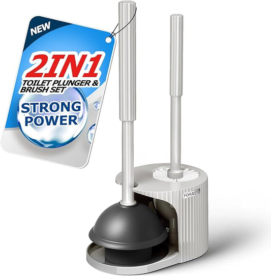 FORASTO 2 in 1 Toilet Plunger and Brush Set,Extended Handle Plunger,Toilet Bowl Brush Plunger Set,Bathroom Cleaning Tools,Cleaning Brush,Toilet Brush Plunger Combo,Cream Grey（21inch）
