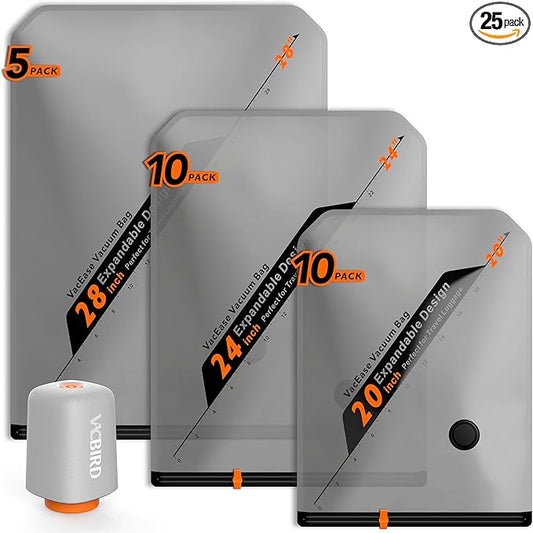Vacbird Rechargeable Wireless Pump Travel Storage Bags Set - 25 Pack Portable Space Saver Bags for Travel & Home - Vacuum Compression Packing Seal for Clothes, Blankets, Seasonal Storage
