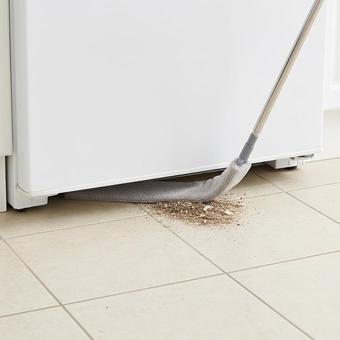 Flat Gap Dust Cleaner with Extendable Pole, Bafezoze Retractable Under Appliance Duster with 2 Washable Microfiber Pads, Slim Flexible Gap Mop for Cleaning Under Bed Sofa Cabinet Refrigerator Gray