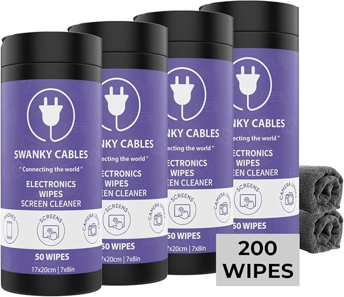 Swanky Cables Screen Cleaner Wipes: Electronic Wipes for Screens - Computer Screen Wipes for Lens, Phone, Tv Screen and Monitor Cleaning - Tech Wipes & Microfiber Cloth (Canister, 200 Count)