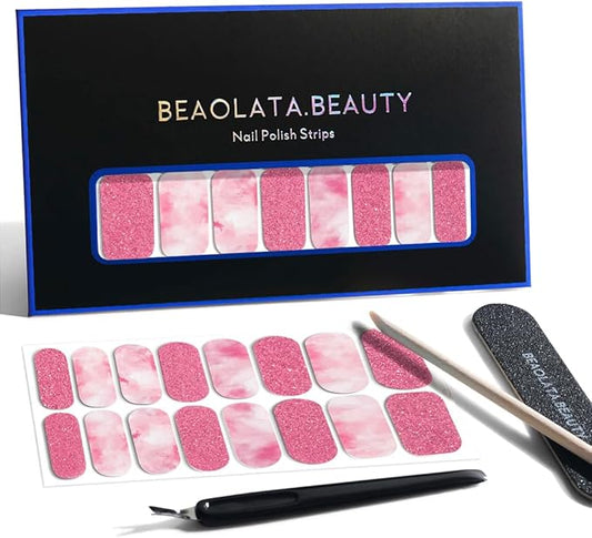 Nail Polish Strips, 32PCS Salon Quality Wraps, Long Lasting Gel Nail Stickers for Women Easy Apply& Remove (Romantic Pink Mist)