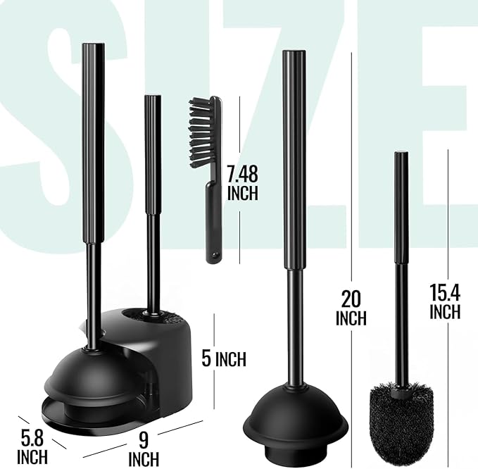 3PACK 4 in 1 Toilet Brush and Plunger Set with Crevice Cleaning Brush, Toilet Plunger and Brush Set with Extra Long Handle, Plungers for Bathroom Accessories, Toilet Plunger with Holder, Bright Black