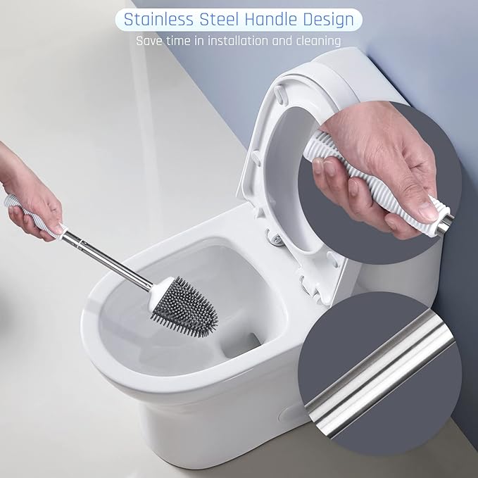 Sellemer Toilet Brush and Holder Set for Bathroom, Flexible Toilet Bowl Brush Head with Silicone Bristles, Compact Size for Storage and Organization, Ventilation Slots Base (2 Pack, White)