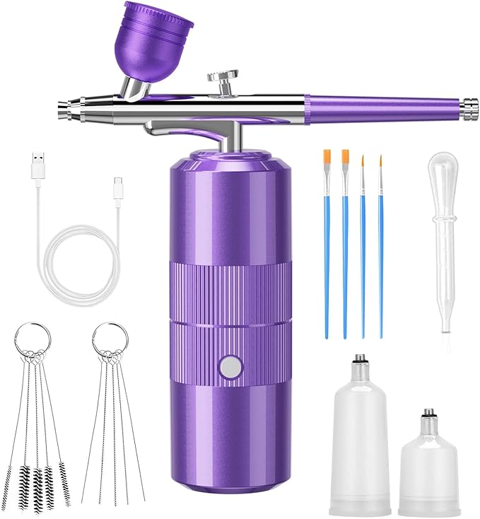 Airbrush Kit with Compressor Portable Airbrush Kit 48PSI High-Pressure Non-Clogging Air Brush Set Cordless Rechargeable with 0.3mm Nozzle and Cleaning Brush for Painting,Nail Art, Makeup (Purple)