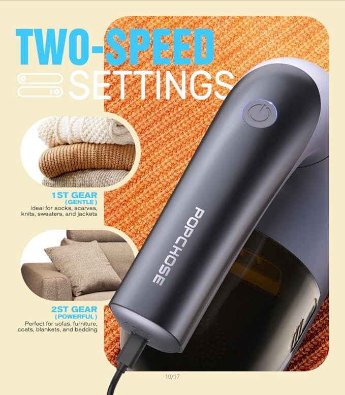 POPCHOSE Fabric Shaver, Lint Remover for Clothes, Lint Shaver with 6-Leaf Blades & 2 Speed, 2000mAh Rechargeable, Sweater Shavers to Remove Pilling, Electric Lint Remover for Couch, Furniture, Fuzz