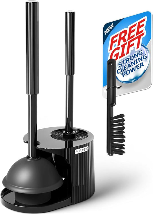 FORASTO 2 in 1 Toilet Plunger and Brush Set, Toilet Bowl Cleaning Combo, Groove Gap Brush, Black