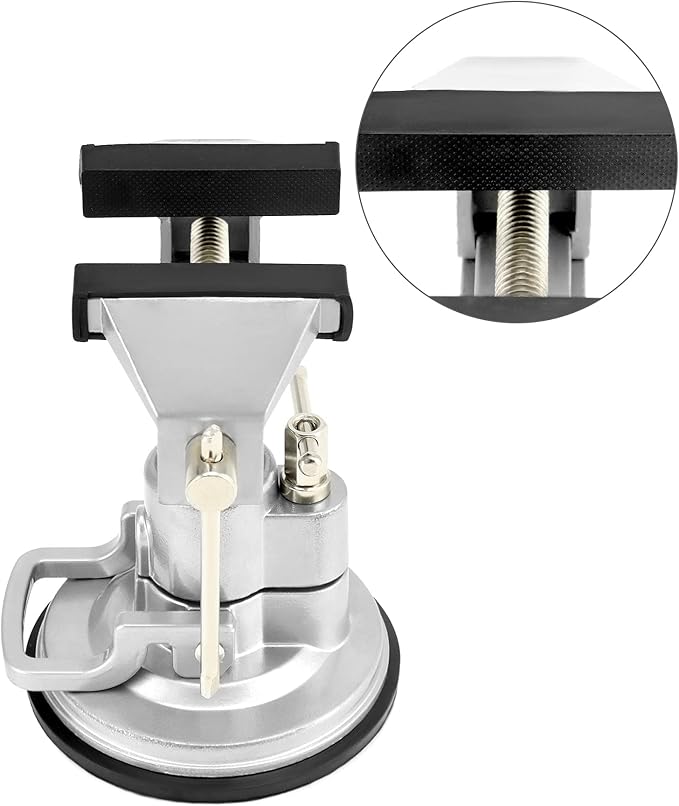 QWORK Portable Vacuum Base Vise with Multi-Angle Rotation - 3.15" Jaw Width Pivots Vise Portable Vacuum Base Vise, for Various Smooth Work Surfaces