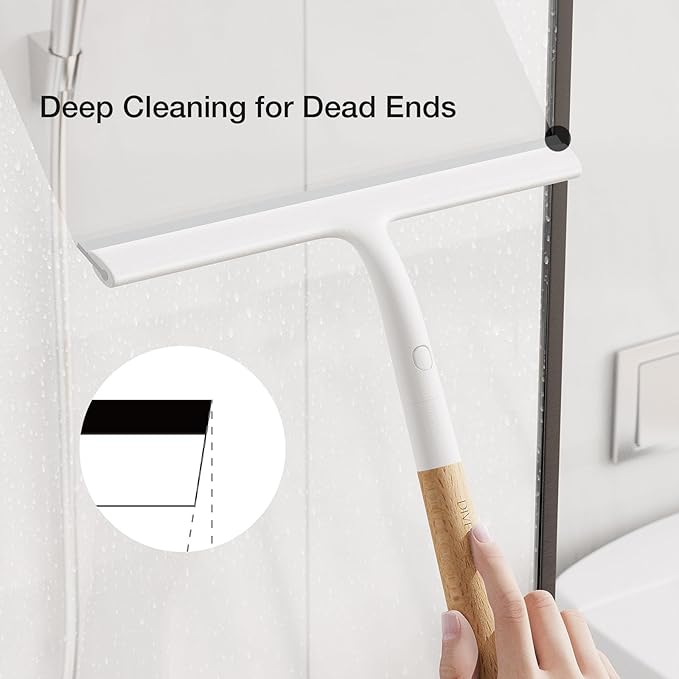 Shower Squeegee for Glass Doors, Streak-Free Silicone Window Cleaner with Detachable Wood Handle & Hook, Rust-Proof Bathroom Squeegee for Mirror, Tile Wall, Car Windshield, 10 Inch White