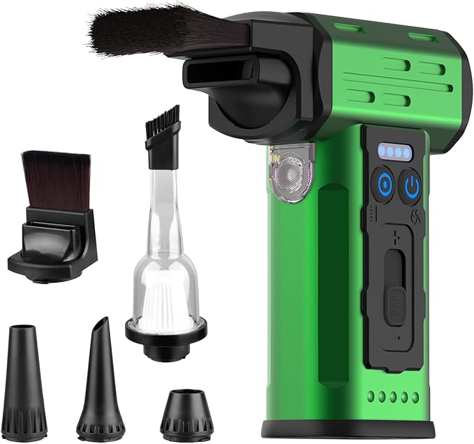 SCHNEIDER Compressed Air Duster and Vacuum Cleaner with 2-in-1 Blow & Suction Function, 130000RPM Electric Air Dust with Multi-Speed Adjustable/LED Light for PC Keyboard Cleaning, Car, Home