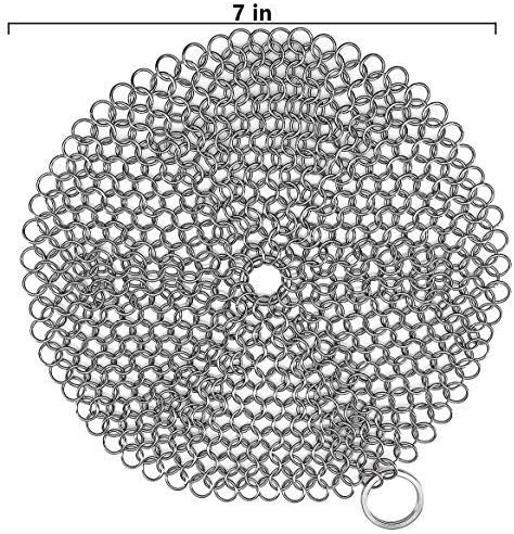 TOPULORS 316 Stainless Steel Cast Iron Skillet Cleaner Scraper Chain Link Chainmail Scrubber for Cast Iron Pans, Pre-Seasoned Pans, Griddle Pans, BBQ Grills, and More Pot Cookware-Round 7 in Diameter