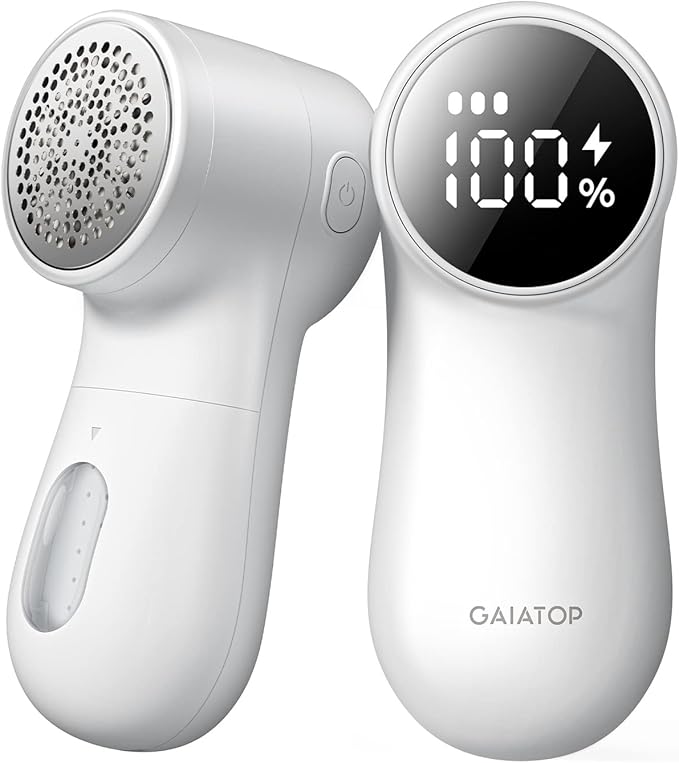 GAIATOP Fabric Shaver Rechargeable Lint Remover 3 Speeds Sweater Defuzzer, Cute Digital Screen Large Storage 6-Leaf Blades, Fuzz Pills Bobbles Trimmer for Clothes Furniture Bedclothes White 1 pcs