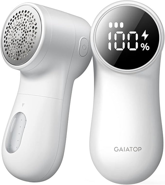 GAIATOP Fabric Shaver Rechargeable Lint Remover 3 Speeds Sweater Defuzzer, Cute Digital Screen Large Storage 6-Leaf Blades, Fuzz Pills Bobbles Trimmer for Clothes Furniture Bedclothes White 1 pcs