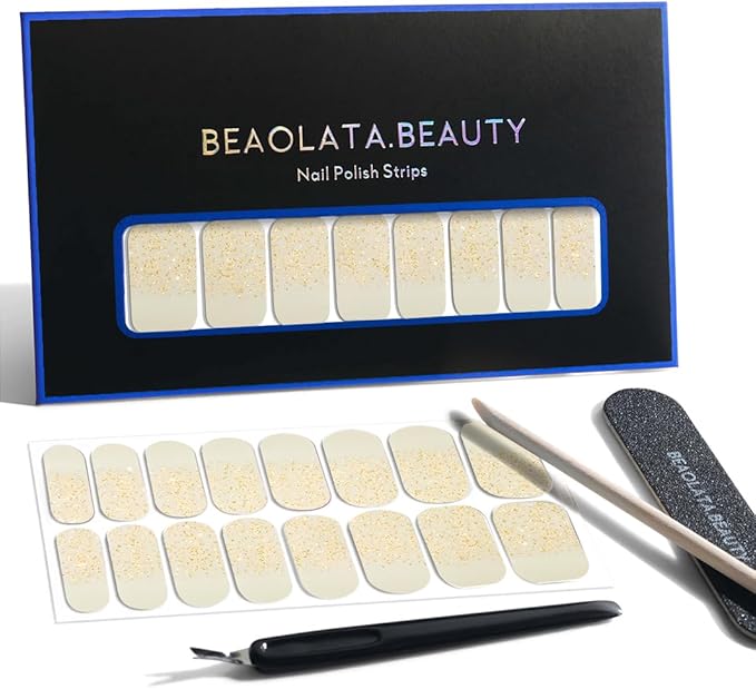 Nail Polish Strips, 32PCS Salon Quality Wraps, Long Lasting Gel Nail Stickers for Women Easy Apply& Remove (Gold Dust Cream)