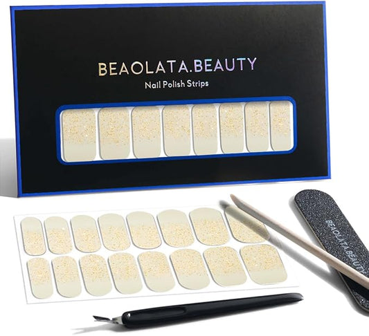 Nail Polish Strips, 32PCS Salon Quality Wraps, Long Lasting Gel Nail Stickers for Women Easy Apply& Remove (Gold Dust Cream)