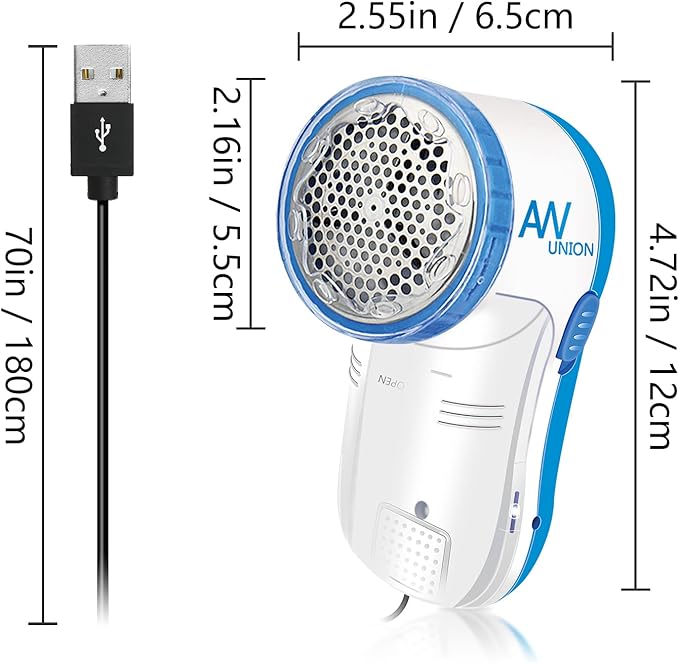 Fabric Shaver Lint Remover, AW union USB Powered Lint Shaver Efficiently Remove Lints from Fabrics, Clothes, Upholstery - 70" Cord - 2 Replacement Blade - Blue