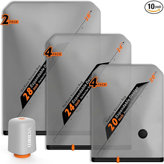 Vacbird Rechargeable Wireless Pump Travel Storage Bags Set - 10 Pack Portable Space Bags for Travel & Home - Vacuum Compression Packing Seal for Clothes, Blankets, Seasonal Storage