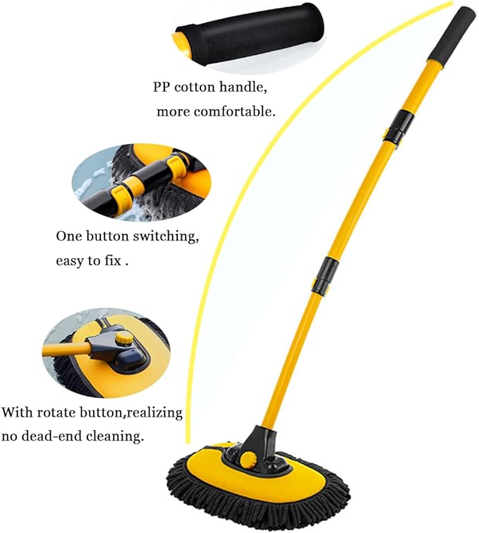 BMLEI Car Wash Brush with Long Handle, Chenille Microfiber Mop Mitt with 1 Replacement Head, Wheel Brush Extension Pole Cleaning Kit & Towels for Cars & Trucks - 5PCS