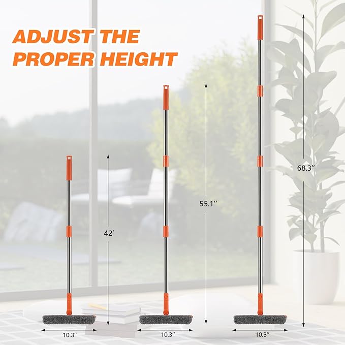 Professional 2 in 1 Window Squeegee with 68" Long Stainless Steel Handle,Microfiber Cloth and Rubber Car Window Squeegee for Gas Station, Glass,Shower