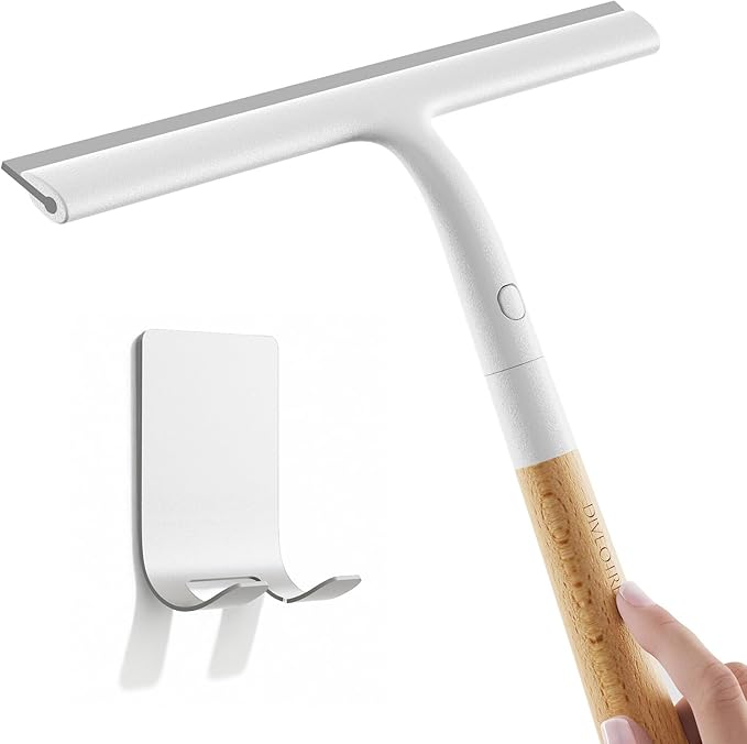 Shower Squeegee for Glass Doors, Streak-Free Silicone Window Cleaner with Detachable Wood Handle & Hook, Rust-Proof Bathroom Squeegee for Mirror, Tile Wall, Car Windshield, 10 Inch White