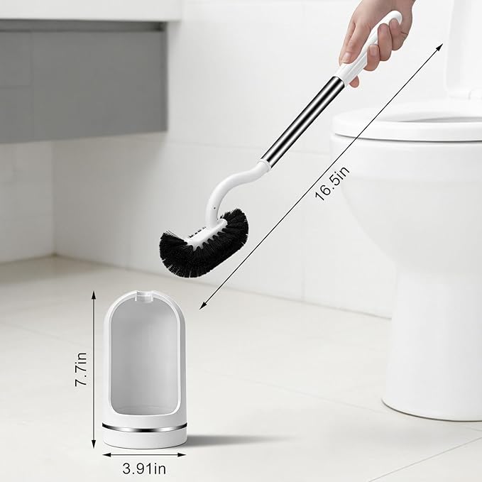 Toilet Brush and Holder Set, Curved Toilet Brush with Stainless Steel Handle, Under Rim Toilet Bowl Brush for Deep Cleaning, Drip-Proof, White