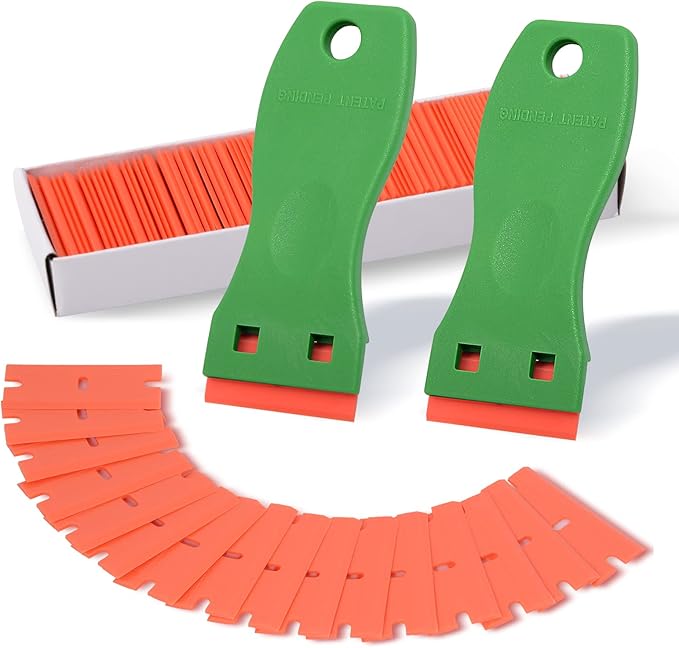 FOSHIO 2PCS Green Plastic Razor Sticker Remover Paint Scrapers with Contoured Grip + 100 PCS 1.5 inch Refillable Double Edge Plastic Razor Blades for Cleaning Adhesive Vinyl Decals Stickers Labels