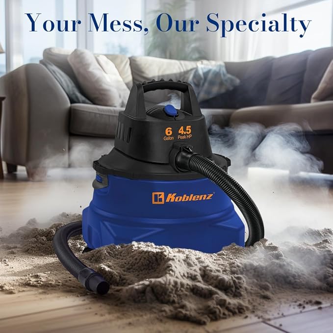 Koblenz WD-6 L212 Wet Dry Vacuum Cleaner, 6 Gallon, 4.5 PHP, 3-in-1 Suction & Blower, 16 ft Reach, Big Cleaner for Car, Shop Vacuum Wet and Dry, Swivel Casters, Black/Blue