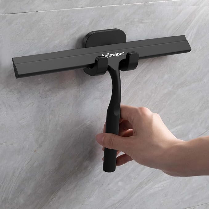 Household Squeegee for Shower Glass Doors, Silicone Shower Squeegee with Adhesive Hook, Bathroom Squeegee for Shower, Window Cleaner Tool for Glass Door, Kitchen, Tile Wall(10 inch-Black)