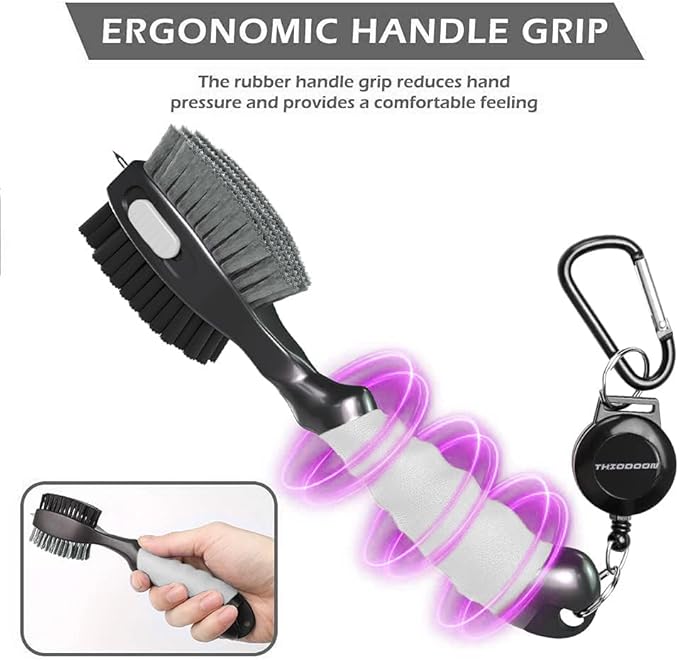 THIODOON 2 Pack Golf Club Brushes and Groove Cleaner 2 ft Retractable Zipline Carabiner Golf Brush Head with Retractable Spike Comfortable Grip Golf Club Cleaner