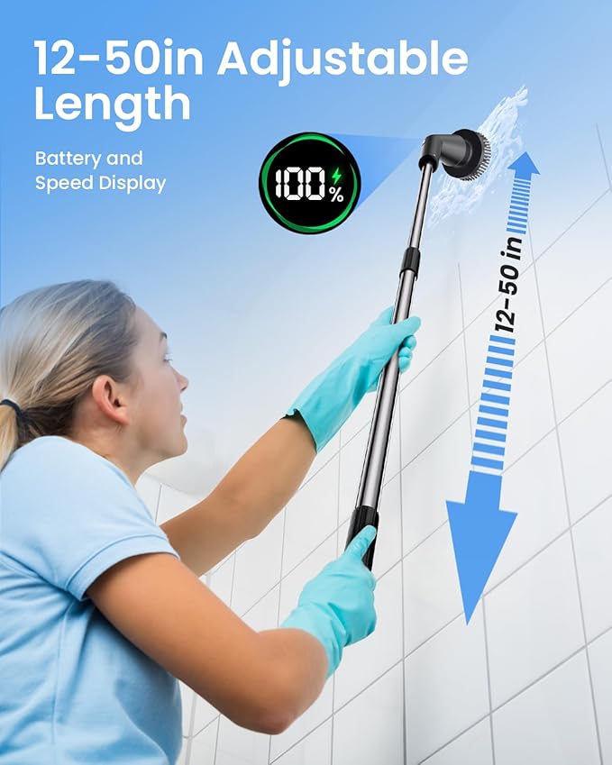Leebein Electric Spin Scrubber, Cordless Bathroom Cleaning Brush with 7 Brush Heads, IPX7 Waterproof, 2 Speed Settings, Extendable Handle