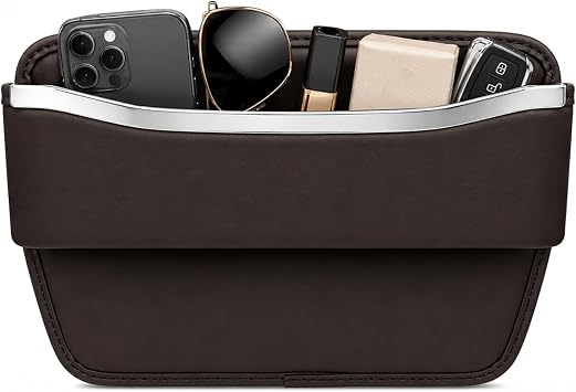 Car Seat Gap Filler Organizer, 11.0 x 7.9 in Brown Leather Car Side Pocket Storage with Sophisticated Metal Trim and Cha