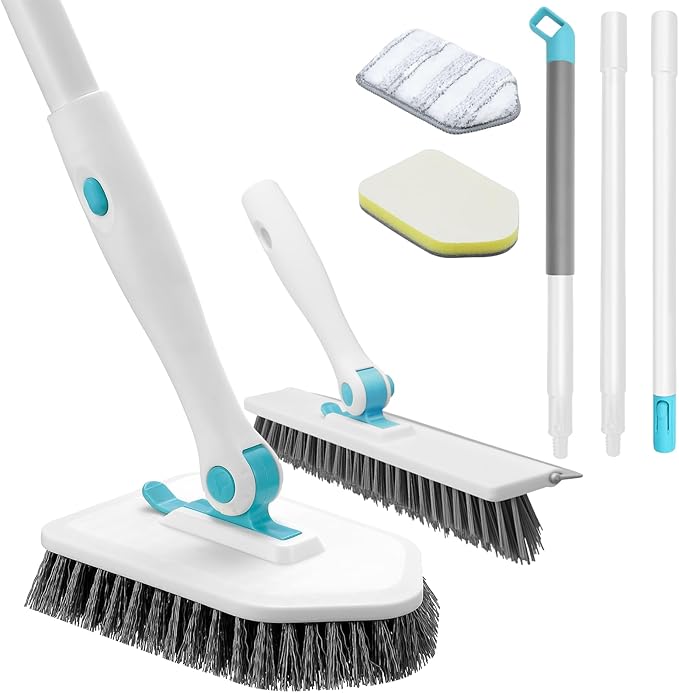 nacena Shower Scrubber with Long Handle, 4 in 1 Tile Tub Scrubber Brush with 3 Detachable Cleaning Heads and V-Shaped Grout Brush Shower Cleaner Brush for Bathroom Kitchen Toilet Tub Sink, Blue White