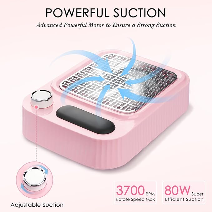 Pink Nail Dust Collector with Reusable Filter for Acrylic Gel Nails, Power Nail Vacuum Cleaner Dust Catcher Adjustable Dust Sucker for Nails Manicure Pedicure at Home Nail Salons